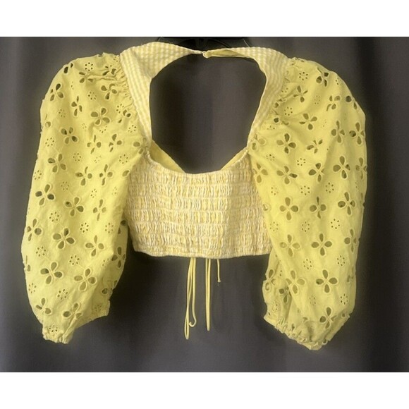 FOR LOVE & LEMONS Picnic Crop Top Sunshine Size XS Eyelet Puff Sleeves Gingham - Picture 3 of 5